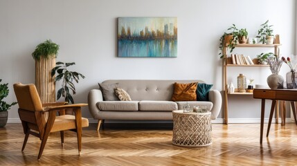 Beige sofa with orange and teal throw pillows in a living room with wooden floors, plants, and a wooden shelving unit.