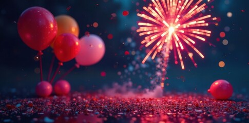 Firework display on the ground with confetti and balloons in vibrant colors, party, joyous