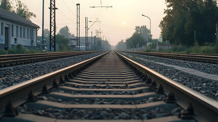 Fototapeta premium Perspective View Of Train Tracks At Sunrise