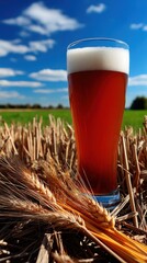 Refreshing amber beer in a tall glass sitting on harvested wheat stalks under a clear blue sky. Perfect for Oktoberfest or beer festival promotions.