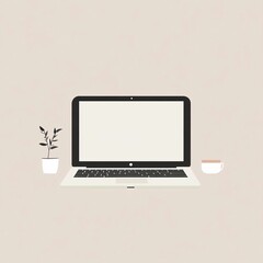 Modern Minimalist Home Office Setup: Laptop with Blank Screen, Coffee Cup, and Succulent Plants for Creative Remote Work and Design Inspiration