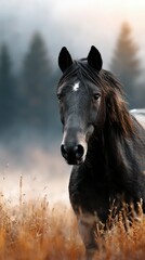 Majestic black horse in a misty meadow at dawn with soft light highlighting its features
