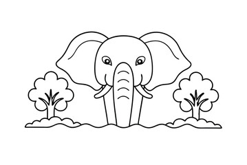 Cute Cartoon Elephant Standing In Water With Trees Line Art Design