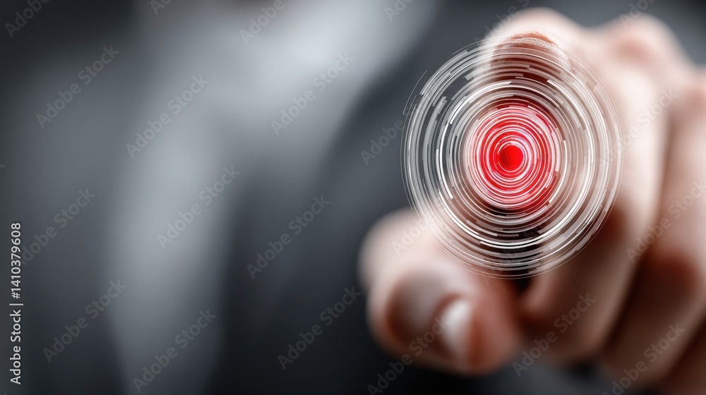 Poster a close-up of a hand pointing with a digital target effect, symbolizing focus, precision, or goal-se