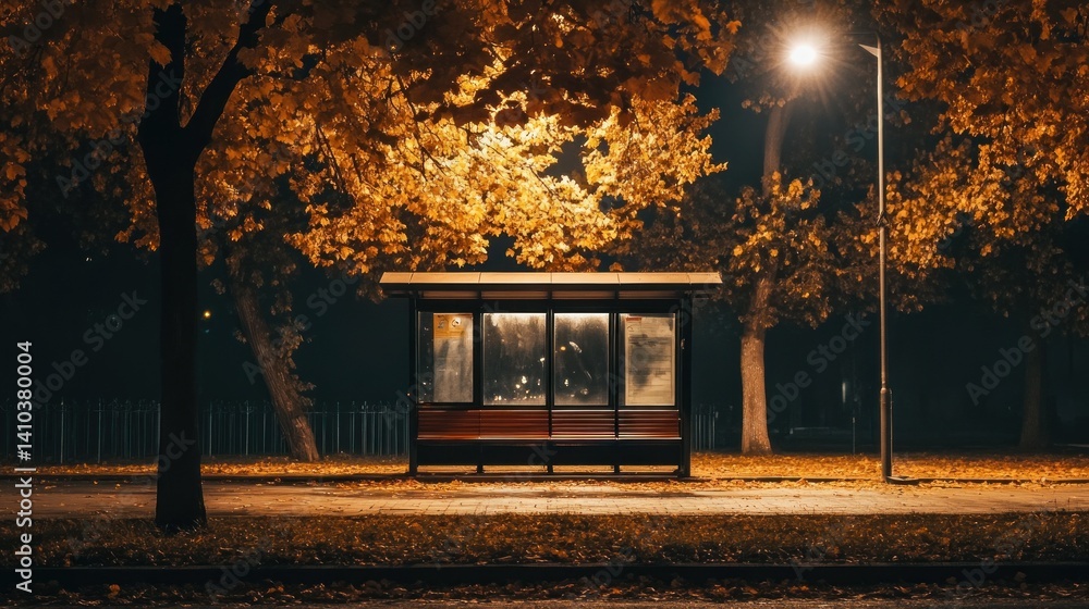 Poster a bus stop surrounded by trees and illuminated by a street light