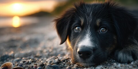 Puppy resting on pebbled beach at sunset with gentle waves in the background