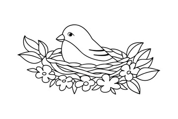 Obraz premium Bird In Nest Surrounded By Flowers Black And White Outline Illustration