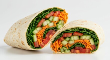 Two halves of a vegetable wrap with lettuce tomato cucumber and carrots.