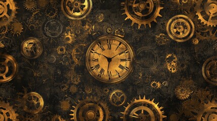 Naklejka premium A clock with roman numerals and gold hands is surrounded by many other clocks and gears.
