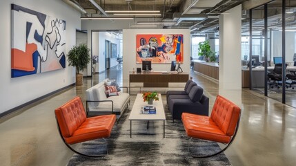 A Modern Office Reception Area With Colorful Artwork and Seating