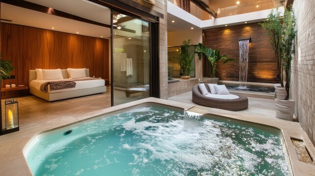 Luxury guest suite with private courtyard and water feature 
