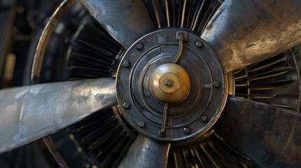 Close up of a large industrial propeller engine fan