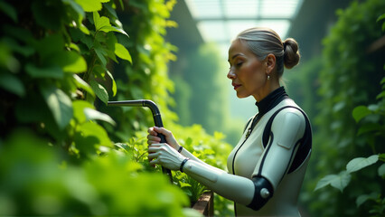 Cyborg Gardener Portrait Amidst Lush Vertical Forest Wall in Eco-Architecture Setting