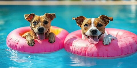 Two happy dogs enjoying a sunny day floating in pink pool rings at a swimming pool
