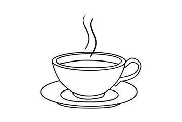 Steaming Cup Of Coffee On Saucer Black And White Line Art Vector