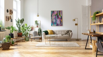 A beige couch sits in a bright living room filled with plants and decorated with modern art. The room has hardwood floors and a minimalist aesthetic.