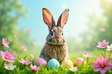 Easter bunny ears with eggs amidst meadow flowers, colorful illustrations, easter eggs