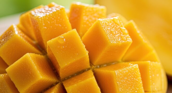 Close-up of a diced mango fruit showing its yellow flesh and texture.