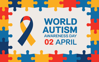World Autism Awareness Day April 2 colorful puzzle icon with puzzle awareness ribbon banner. Ideal for awareness campaigns, support themes and social cause design.