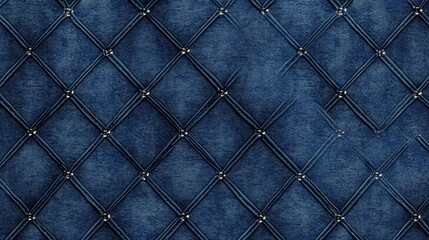 A close-up image of a blue denim fabric with a diamond pattern and gold studs.