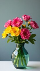 Fototapeta premium Brightly colored flowers in a modern geometric vase, floral arrangement, colorful decor, modern home decor