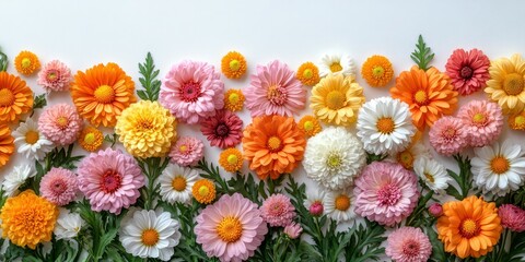 Colorful assortment of flowers arranged beautifully on a white background showcasing vibrant blossoms and lush greenery
