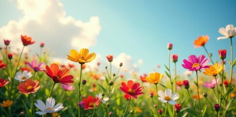Vibrant wildflowers swaying gently in the breeze , summer blooms, colorful meadow, insects