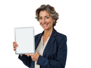 Business portrait isolated on white transparent background: A smiling mature woman in a navy blazer holds a tablet displaying a blank screen, presenting it directly to the viewer.