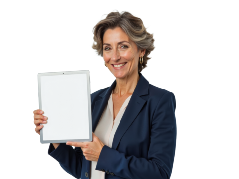 Business portrait isolated on white transparent background: A smiling mature woman in a navy blazer holds a tablet displaying a blank screen, presenting it directly to the viewer.