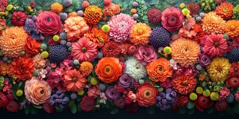 Naklejka premium Vibrant floral arrangement showcasing a variety of colors, sizes, and textures at a spring garden event in full bloom