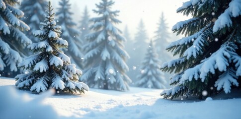 Snow covered pine trees gently sway in the soft wind, as flakes fall softly around them, snow-covered pines, falling snow, winter wonderland
