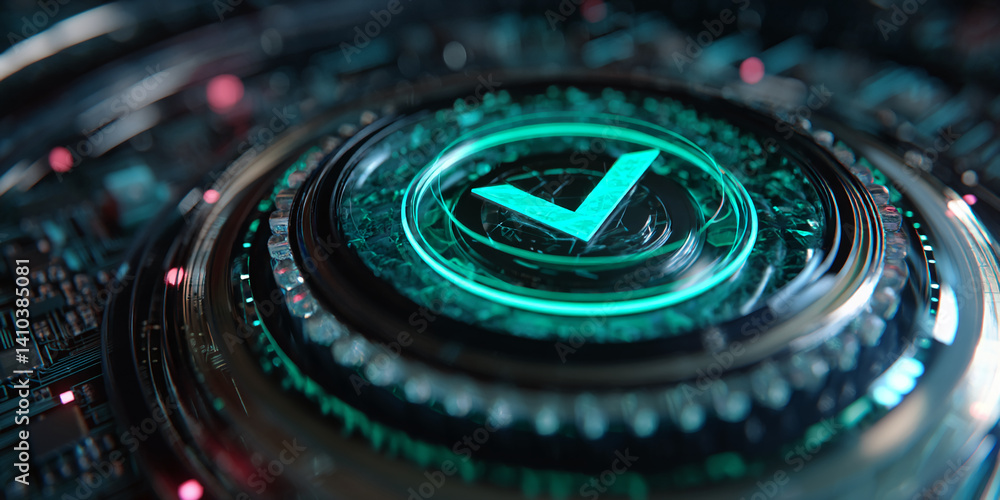 Poster close-up of a teal checkmark within a circular, technological design, showcasing futuristic technolo