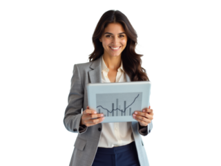 Business portrait isolated on white transparent background: A confident businesswoman smiles while presenting a graph on a tablet, showcasing positive growth and indicating success.