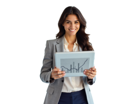 Business portrait isolated on white transparent background: A confident businesswoman smiles while presenting a graph on a tablet, showcasing positive growth and indicating success.