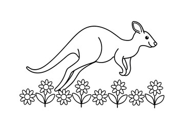Cute Kangaroo Jumping Over Flowers Black Outline Vector Illustration Design