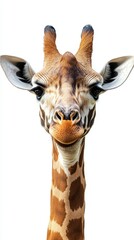 Giraffe with distinctive markings gazes curiously at the viewer in a bright, minimalist setting