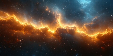 Fototapeta premium Vibrant cosmic clouds emit fiery colors across the expansive night sky in this stunning astronomical display
