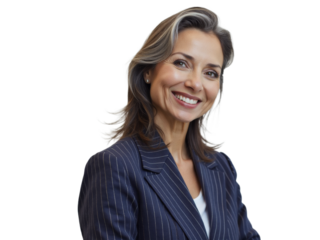 Business portrait isolated on white transparent background: A confident woman with graying hair smiles directly at the camera while wearing a pinstripe blazer, suggesting professionalism and experie