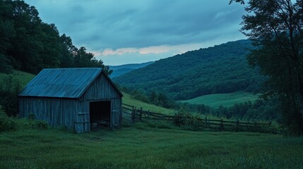 Obraz premium A rustic wooden barn sits in a serene mountain landscape