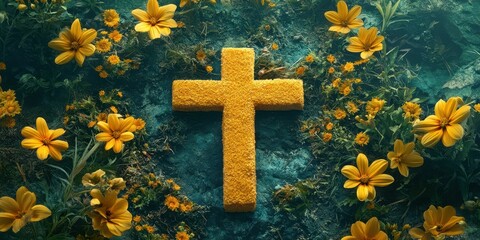 Bright yellow cross surrounded by vibrant flowers in a serene outdoor setting during daytime
