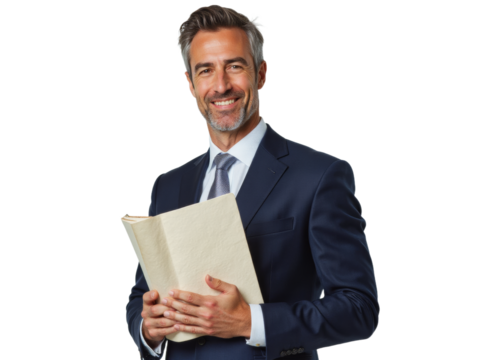 Business portrait isolated on white transparent background: A mature, distinguished man with graying hair and a salt-and-pepper beard confidently smiles while holding a book in a dark navy suit and 