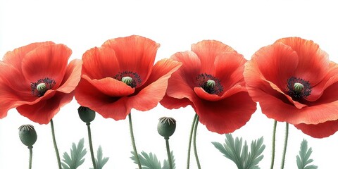 Naklejka premium Poppies bloom in vibrant red tones under soft light, creating a stunning visual display in a serene garden setting