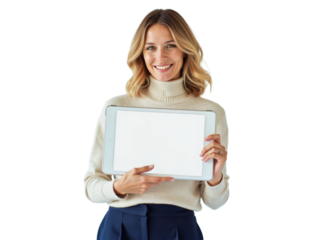Business portrait isolated on white transparent background: A smiling woman with blonde hair holds a tablet displaying a blank screen against a plain white background.
