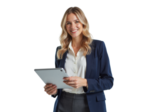 Business portrait isolated on white transparent background: A confident businesswoman smiles while holding a tablet and wearing a navy blazer, standing against a clean white background.