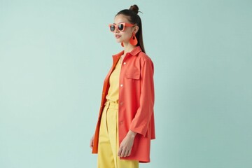 Minimalist outfit with bold accessories on a clean background, fashion model, stylish clothing, high end