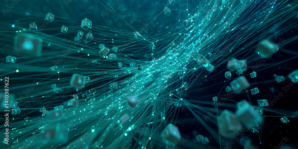 Poster abstract image of teal glowing cubes connected by lines, suggesting a network or interconnected syst