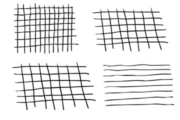 Fototapeta premium Grid square hand drawn textured lines, notebook grid and striped pattern. Set Doodle geometric net, chalk or crayon stroke.