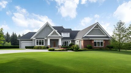 Fototapeta premium Elegant Gray And White Colonial Style Home Exterior In Grassy Lawn