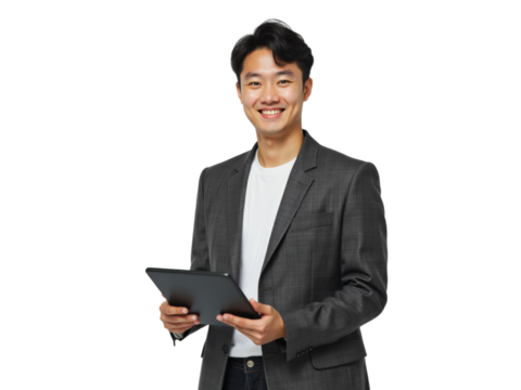 Business portrait isolated on white transparent background: A smiling Asian man in a grey blazer and white shirt holds a tablet and looks directly at the viewer against a plain white background.