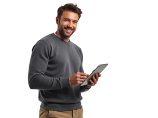 Business portrait isolated on white transparent background: A smiling man with a beard looks at a tablet while holding it in his hand, dressed in a gray sweater and khaki pants against a plain white